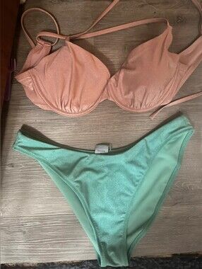 Shade & Shore Peach Underwire Bikini Top with Mint Shimmer Bottoms